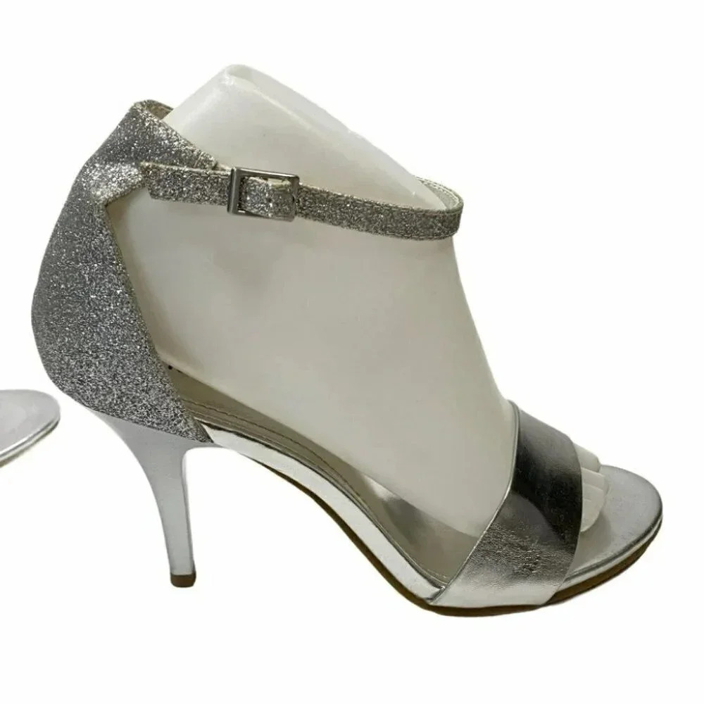 Fioni‎ Heeled Sandals 7.5 Silver Glitter Ankle Strap Stiletto Open Toe Formal